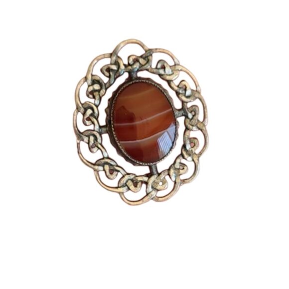 Vintage Sterling Silver Brown Red Agate Cabin Cottage Core Scottish Pin Brooch - Picture 2 of 7